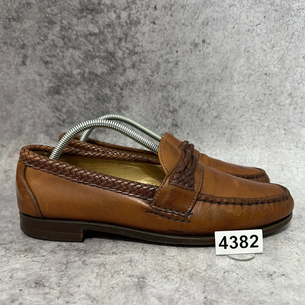 Allen Edmonds Newcomb Loafers Mens 9.5 Brown Leather Braided Trim Penny Slip On